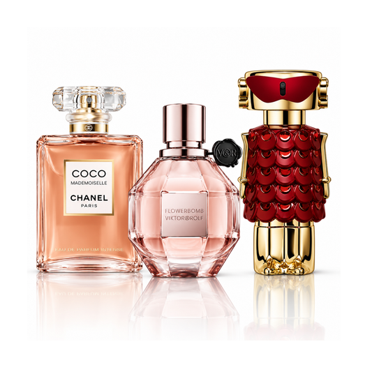 Комплект от 3 парфюма | Coco Mademoiselle Chanel Eau de Parfum – 100 ml | Flowerbomb Viktor&Rolf Eau de Parfum – 100 ml | Fame In Love Rabanne Parfum Elixir – 80 ml